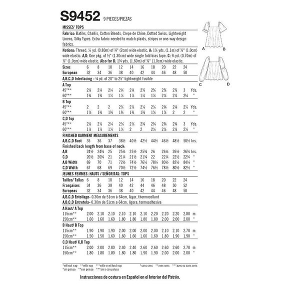 Simplicity Sewing Pattern 9452 11262 Tops Misses Size 6-14 - Picture 2 of 3